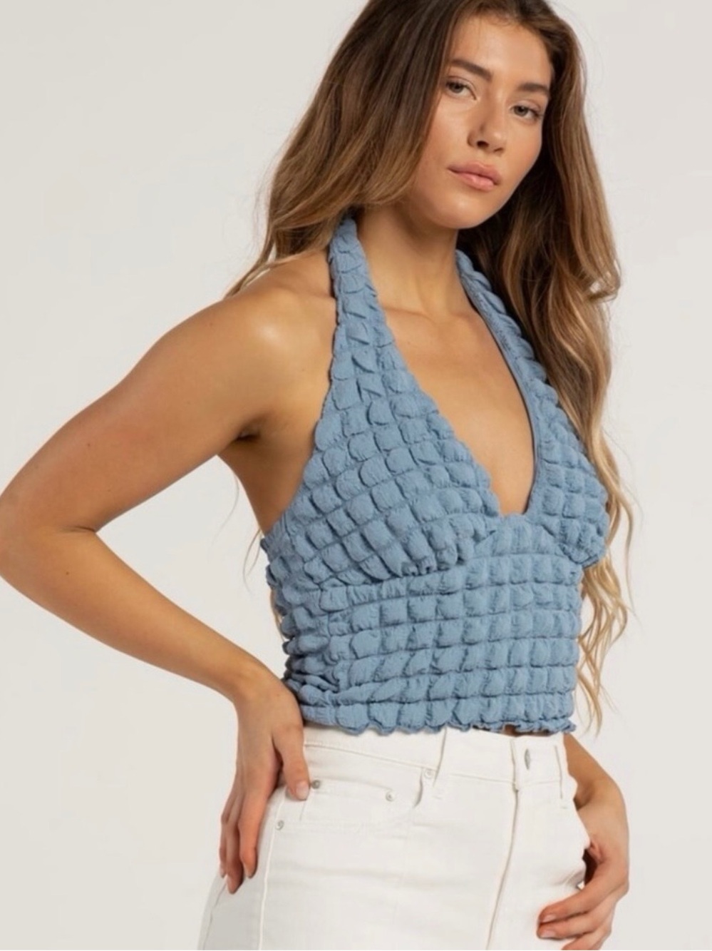 West of Melrose size M Light Blue Halter Textured Crop Top